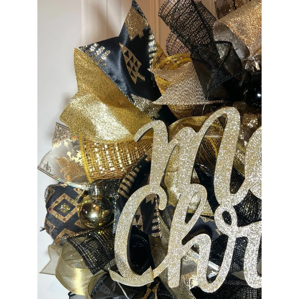 Black & Gold Merry Christmas Tree Ribbon Door Wreath Handmade 22 ins LED W24